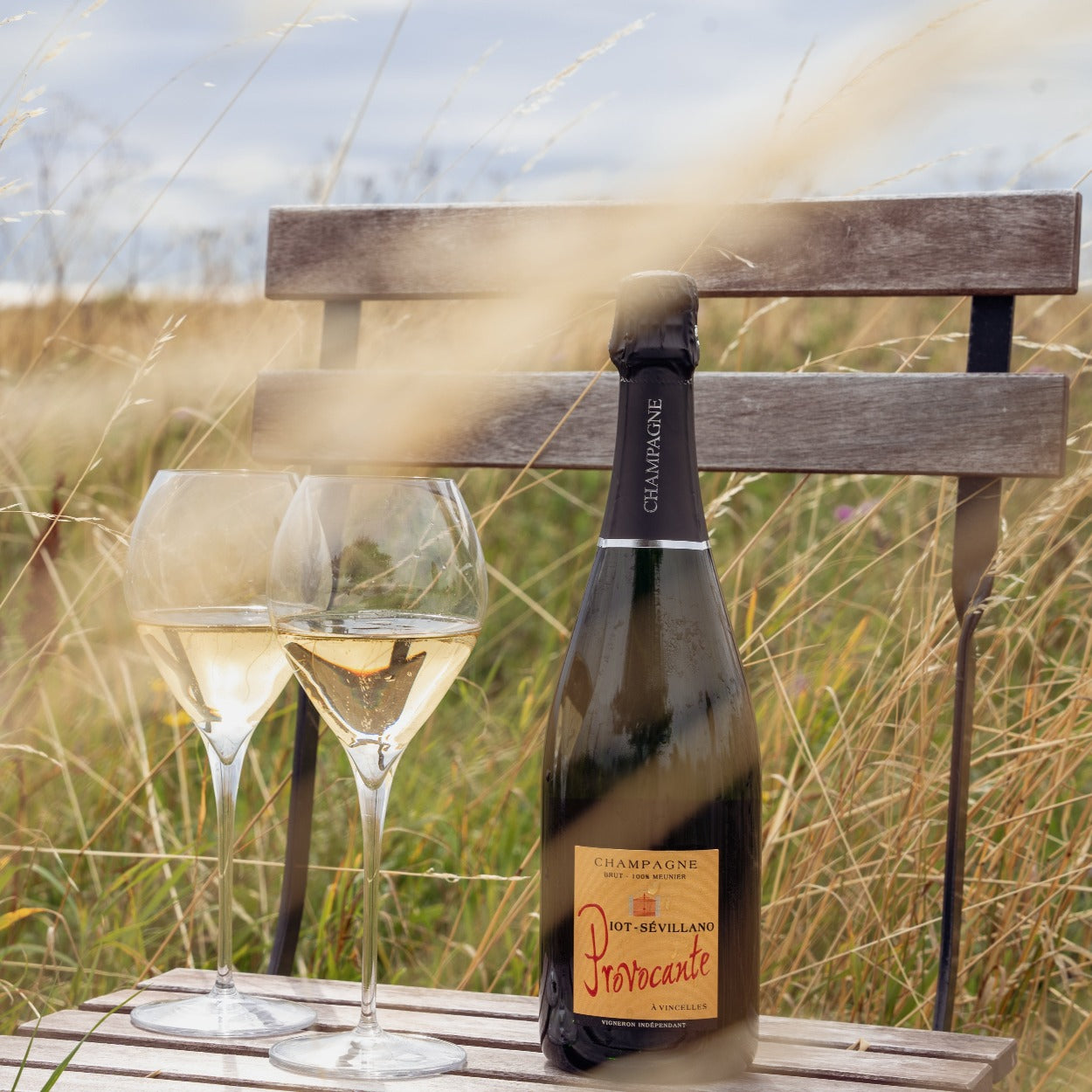 Champagne flaske på havestol, 2 champagneglas med champagne, bobler i glasset, står på en mark med højt græs i baggrund, Champagne Piot-Sévillano, Provocante, 100% Meunier