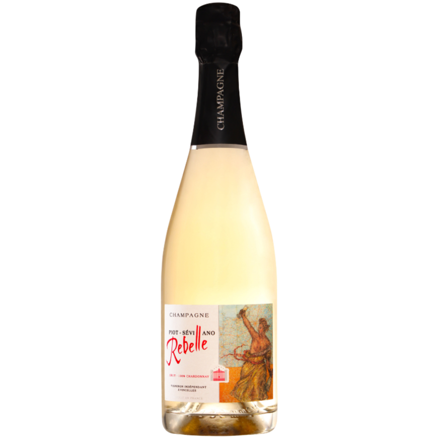 Champagne Piot-Sévillano, Rebelle, Etiketten viser en fornyet udgave af den berømte franske revolutionære kvinde fra La Liberté guidant le Peuple (Friheden guider folket)