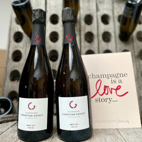 2 champagneflasker på guld baggrund, Champagne Christian Gosset, Brut A03 og A04, Grand Cru 