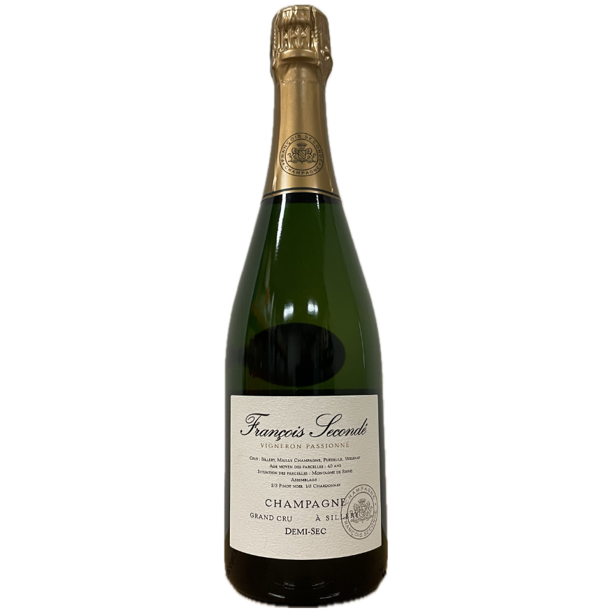 Champagne Francois Secondé, GrandCru, Demi-Sec. Champagne flaske på hvid baggrund