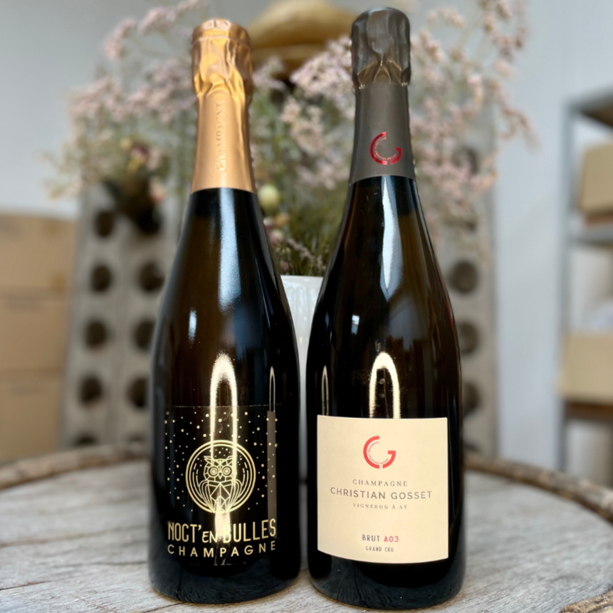 2 flasker champagne til anbefalet til nytår. Champagne Piot-Sévillano, Noct'en Bulles, Demi-sec, perfekt til kransekagen og Champagne Christian Gosset, A03, brut, Grand Cru