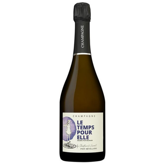 Champagne flaske på hvid baggrund, Champagne Piot-Sévillano, Le Temps Pour Elle, Solera pur Meunier