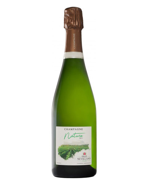 Champagne flaske på hvid baggrund, Champagne Piot-Sévillano, Brut Nature