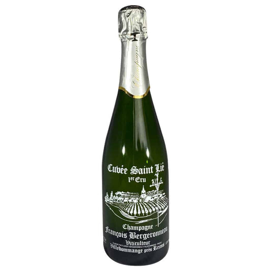 Champagne flaske, Champagne F. Bergeronneau-Marion,  Cuvée Saint Lié, brut, Premier Cru, Etikette malet med hvidt på grøn flaske