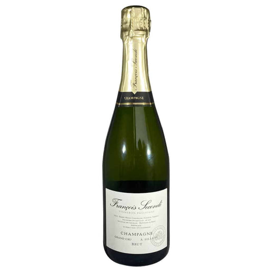 2 glas med champagne og Flaske champagne, Francois Seconde champagne, Grand cru champagne, Brut Nature