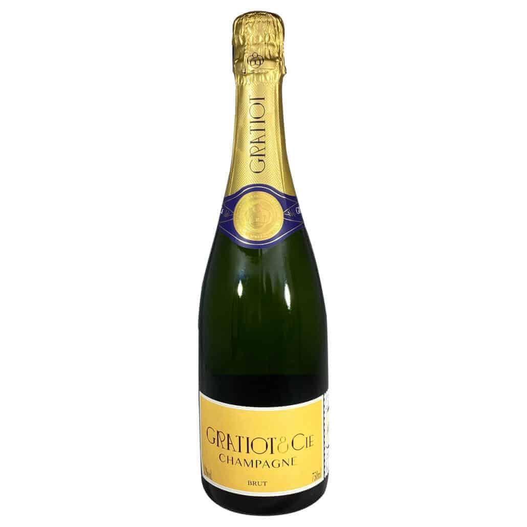 1 flaske champagne på hvid baggrund fra Champagne Gratiot & Cie, Brut, gul etikette